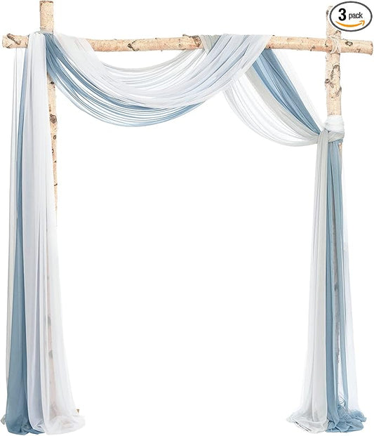 Ling's moment Wedding Arch Draping Fabric 3 Panels 20Ft Blue Chiffon Fabric,Sheer Hanging Drapes Arrangement for Wedding Ceremony Backdrop Party Swag Home Decor (Dusty Blue & Cool Grey & White)