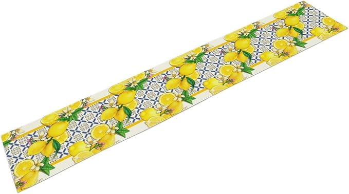 Lemon Table Runner ,Summer Blue Tiles Lemons Kitchen Dining Table Decoration Lemons Table Cover for Indoor Outdoor Home Party Decor, 13 x36 in