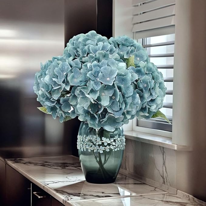 2Bouquets Artificial Fake Flowers Plants Silk Hydrangea Arrangements Wedding Bouquets Decorations Plastic Floral Home Kitchen Garden Party Festival Bar DIY (Blue Haze, 5 Flower Heads)