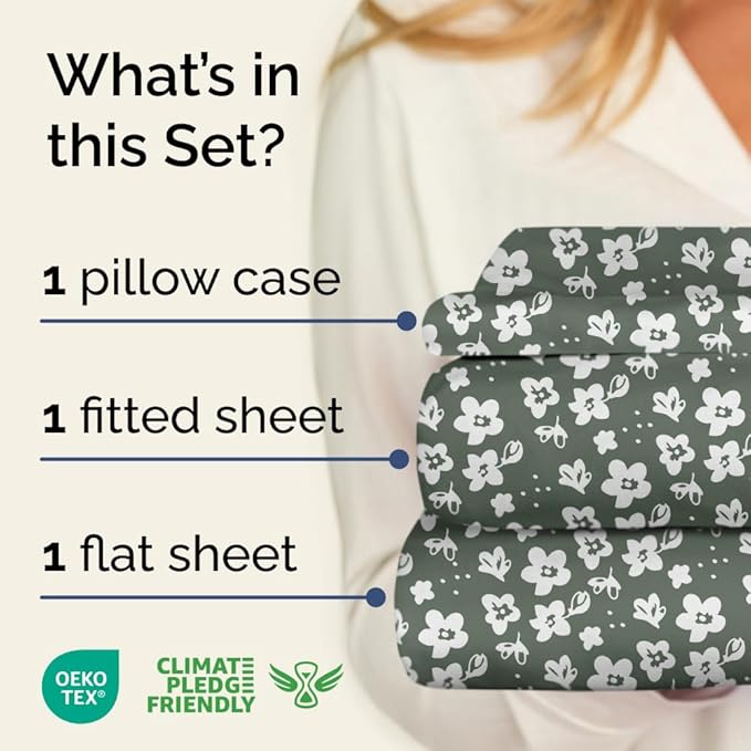 Floral Sheets - Green Floral Bed Sheet Set - 1 Flat, 1 Fitted & 1 Pillowcase w/ Deep Pockets - Comfy, Wrinkle & Fade Free - Boho Botanical Bedding - Ultra-Soft, Breathable and Cooling - Twin Size Set