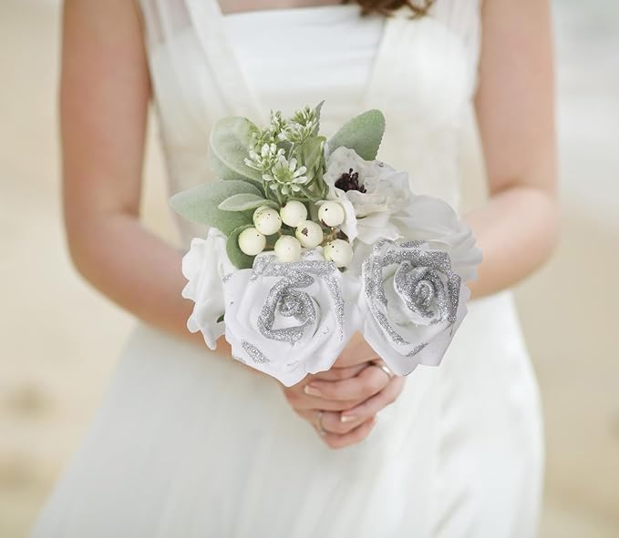100pcs Stemless White Fake Foam Roses with Silver Glitter, 2.56" Artificial Roses for DIY Craft Baby Shower Centerpieces Wedding Flower Decor (White)