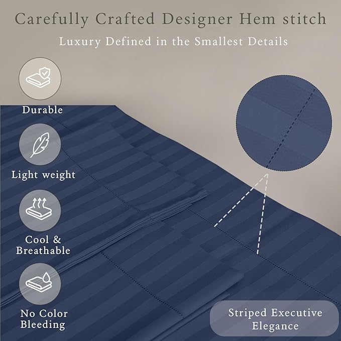 Threadmill 500 Thread Count Twin-XL Size Damask Stripe, 3 Pc Luxury Cotton Bed Sheet Set, Breathable Folkstone Blue Sheets with 15" Elasticized Deep Pocket, 1 Pillowcase & Free Tote Bag