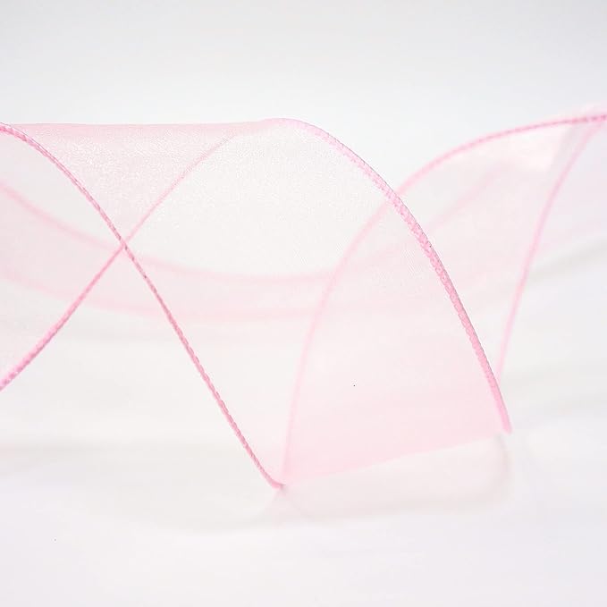 CT CRAFT LLC Sheer Organza Wired Ribbon 2.5" x 50Yards Pink for Wedding Chair Bow Flora Bouquet Gift Wrapping Christmas Tree Home Decor Wreath