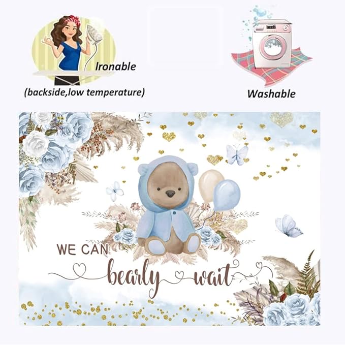 We Can Bearly Wait Boho Baby Shower Photography Backdrop 7x5ft Blue Floral Boho Pampas Grass Bear Portrait Photo Backdrop