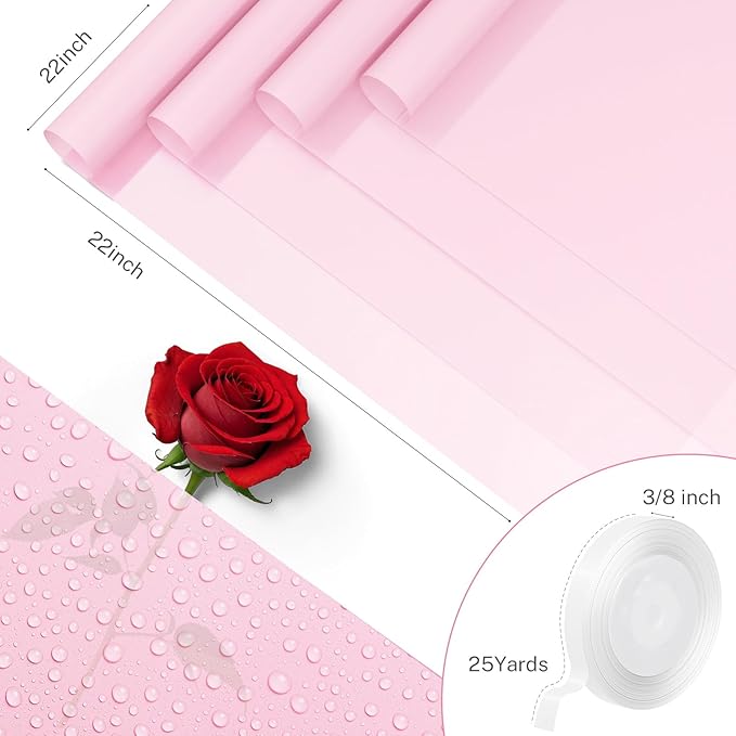 YTDEK Flower Wrapping Paper 20 Sheets Light Pink Floral Bouquet Wrapping Paper with Ribbon for Florist Supplies Birthday Wedding Shower Anniversary Graduation