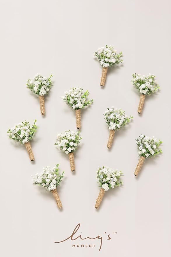 Ling's Moment Boutonniere for Men, 10pcs Groomsmen Guest Boutonniere, Artificial Flowers for Wedding Décor/Prom/Homecoming,etc.Baby Breath White