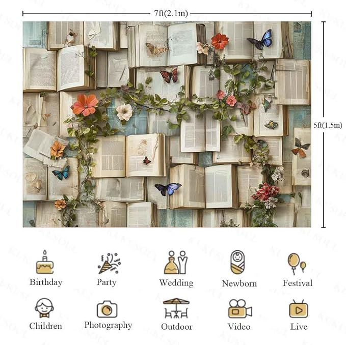 7x5ft Books Theme Photo Backdrop Flowers Bookshelf Backdrop Floral Theme Book Photography Background Girls Party Decorations Kids Newborn Birthday Baby Shower Photo Studio Props KUBYW003