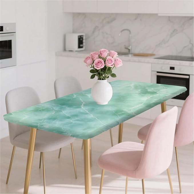 Rectangle Table Cloth Cover Waterproof Elastic Fitted Polyester Fitted Tablecloths for 6 Foot Tables for Indoor,Picnic, Camping, Outdoor （72" x 30"，Green Marble）
