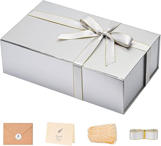LIFELUM Gift Boxes with Lids, 1 Pack 13.8 x 8.3 x 4.4 inch Silver Gift Boxes with Ribbon, Card, Shredded Paper Filler for Presents, Graduation, Christmas, Birthdays