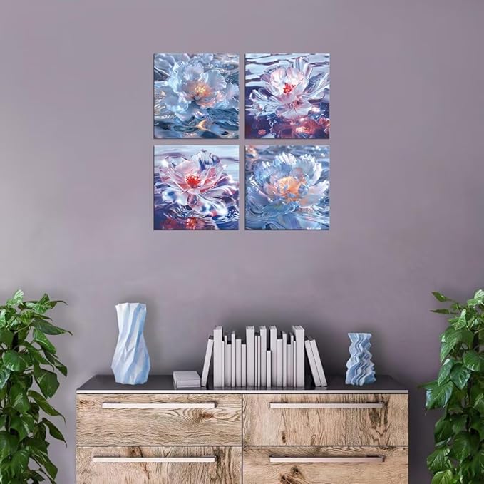 Pankila Abstract Canvas Flowers Wall Art Floral Poster White Red Flower Wall Decor Life Pictures for Living Room Bedroom Bathroom Home Decorations Framed Artwork Ready to Hang (12''W x 12''H x 4)