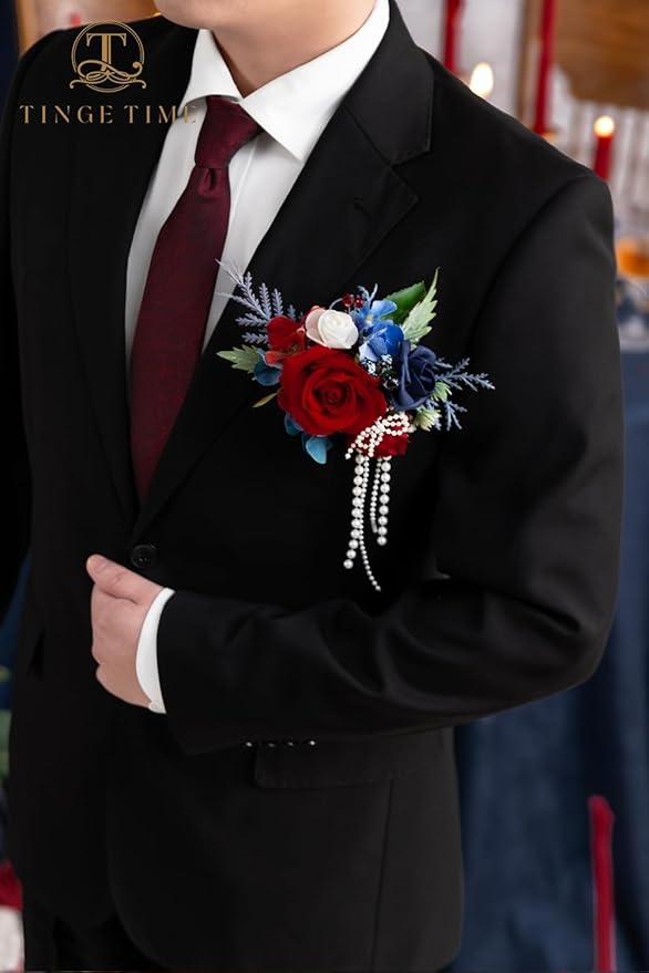 TINGE TIME Boutonniere for Men Wedding,Groom and Best Man Boutonniere for Wedding, Prom, Homecoming, Anniversary, Graduation, Christmas Dinner (1, Red & Navy Blue)