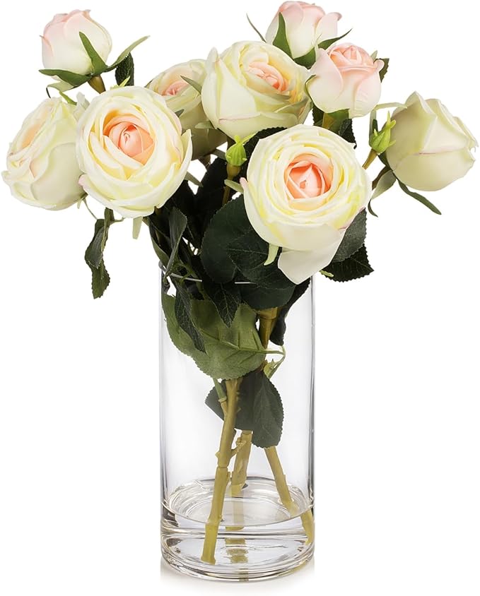 ENOVA FLORAL 9 Heads Silk Rose Artificial Flowers in Vase,Faux Rose Flowers Arrangement in Vase with Faux Water for Table Decor Centerpieces (Champagne)