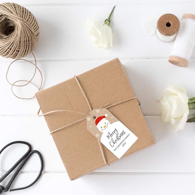 Andaz Press Personalized Christmas Holiday Season Classic Gift Tags, Merry Christmas Custom Family Name and Year, Happy Snowman with Santa Hat Design, for Holiday Events, Parties, and Favors, 60-Pack
