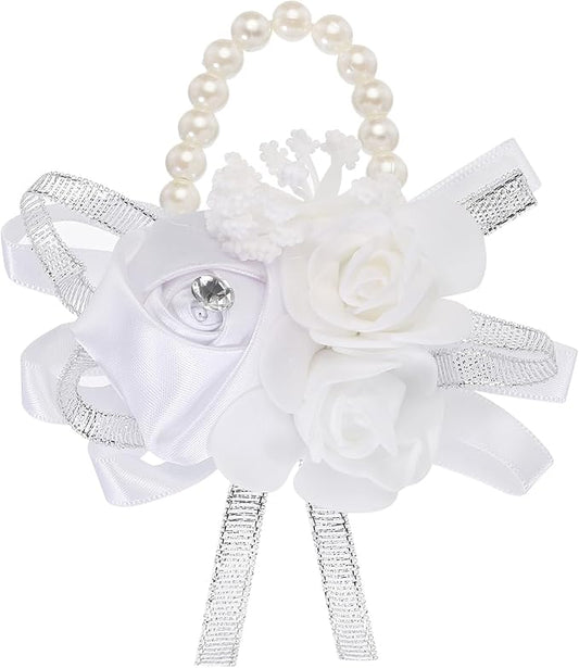 MECCANIXITY Wrist Corsage Artificial Flower Bracelets Rose Wrist Bride Groom Decorative for Wedding Ceremony Prom Party Anniversary White