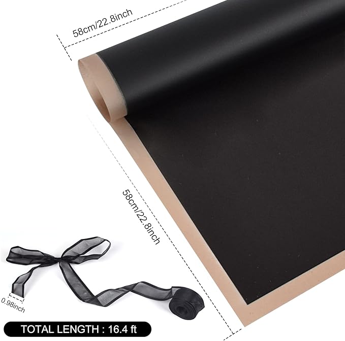 Kosotody 20 Sheets Flower Wrapping Paper Waterproof Florist Bouquet with Ribbon for Bouquets DIY Crafts Packaging Bouquet, 22.8x22.8 inch (Black)…
