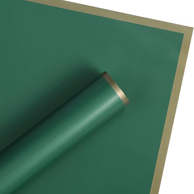 WRAPAHOLIC 20 Sheets Flower Wrapping Paper - 22.4 x 22.4 inch Green with Gold Edge Water-Resistant Floral Bouquet Wrapping Paper, Florist Supplies Packaging Paper for Wedding Birthday Gift DIY