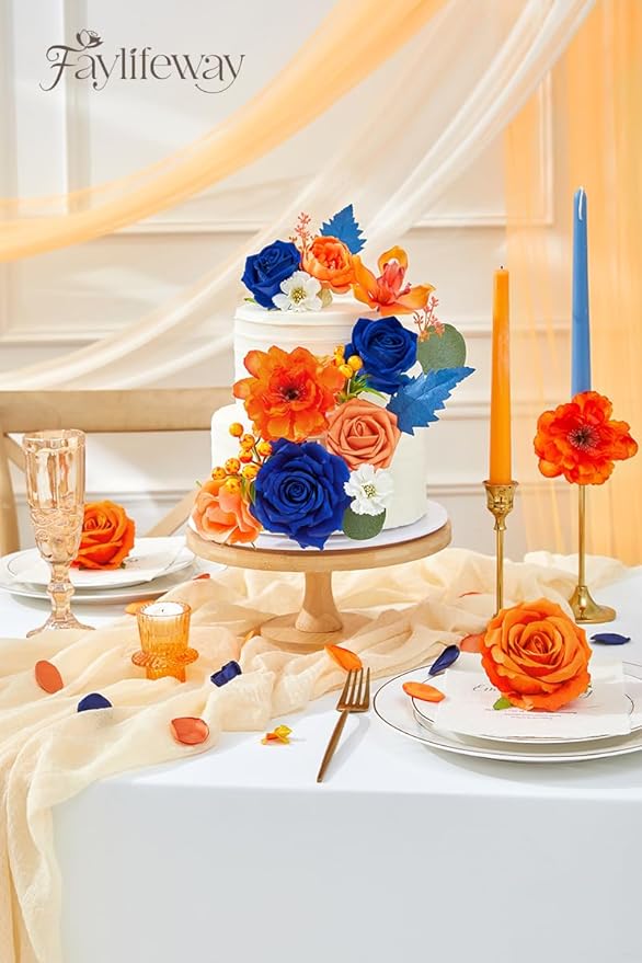 Faylifeway Artificial Flowers, Fall Orange and Red Silk Flowers for DIY Wedding Bridal Bouquets, Fall Fake Cake Flowers for Table Centerpieces Party Home Decorations