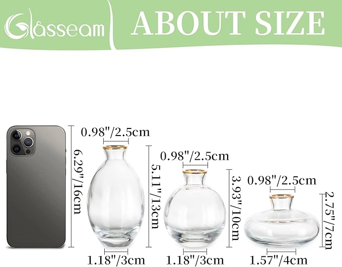 Bud Vases 3Pcs/Set Small Vases Handmade Cute Gold Rim Small Vases for Flowers Centerpieces Glass Vases Mini Vase Home Decor Centerpieces, Events Table Decor