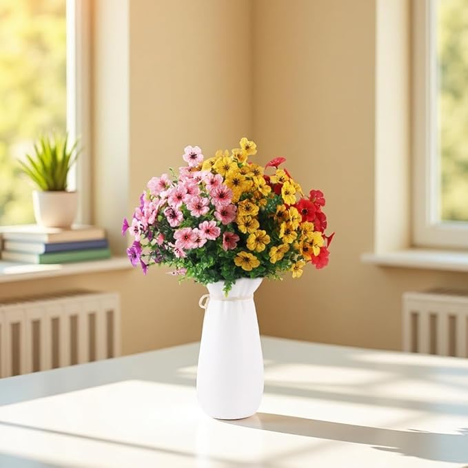 12 Bundles Artificial Flowers for Outdoor, UV Resistant Faux Mums with Eucalyptus Leaves Fake Plants for Outdoor Planters Greenery Boxwood Porch Patio Decoration
