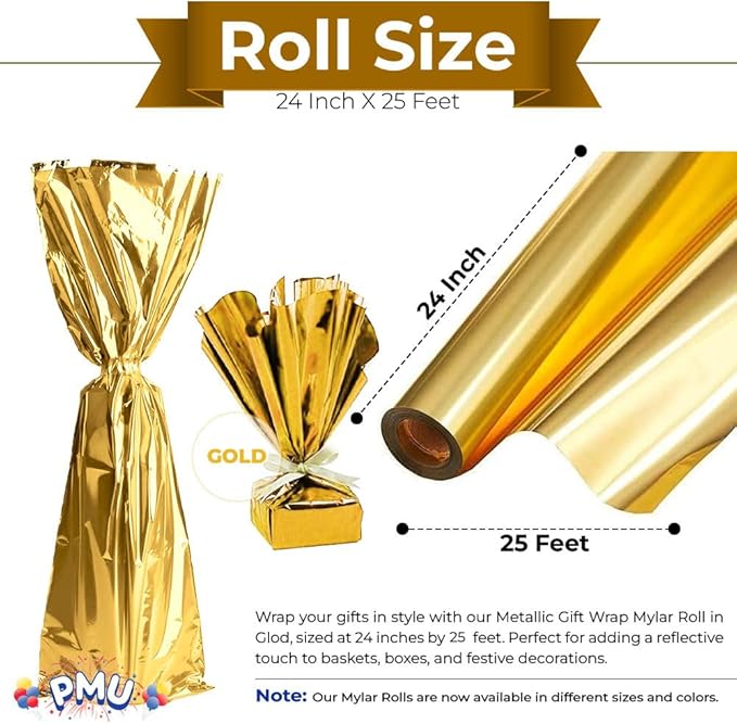 PMU (2 Gift Wrap Mylar Roll Metallic Gold 2-sided, 24 Inches X 25 Ft Roll 1.4 Mil Highly Reflective Mylar Film, Great for Gifts, Birthdays, Christmas, Baskets, Arts & Crafts