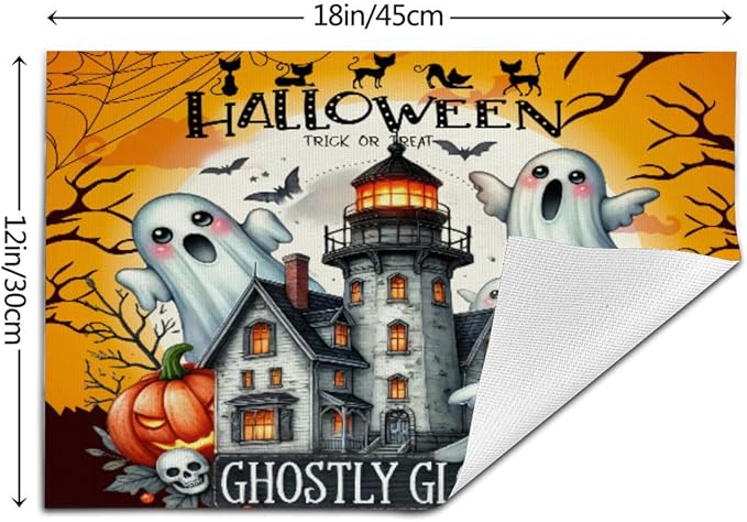 PVC Placemats Set of 4 Wipeable Table Mats Washable Heat Resistant Non Slip Vinyl Dining Table Mat for Kitchen Indoor Outdoor Patio Farmhouse Place Mats Black Halloween Castle Decorative