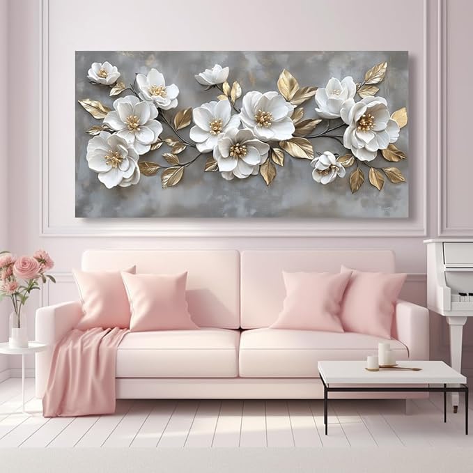 LAVIKARS Modern Gray Flowers Wall Art for Living Room Office White and Golden Floral Landscape Canvas Painting Prints Large Delicate Petals Artwork Kitchen Home Bedroom Decor (20x40 Inches)