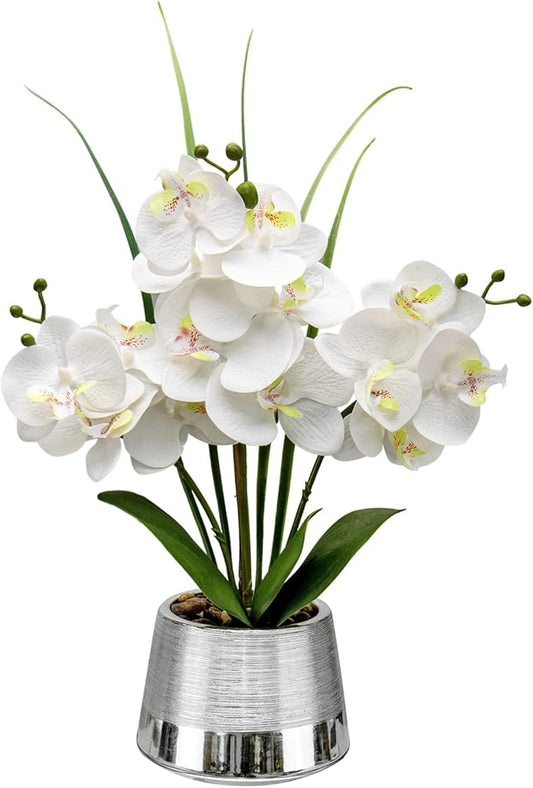 Oairse Artificial White Phalaenopsis Orchid Flower Arrangements Faux Orchid Flower in Silver Pot Orchid Centerpiece for Dining Room Table