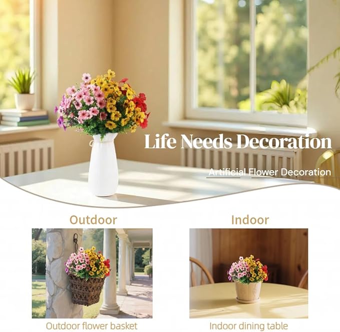 12 Bundles Artificial Flowers for Outdoor, UV Resistant Faux Mums with Eucalyptus Leaves Fake Plants for Outdoor Planters Greenery Boxwood Porch Patio Decoration