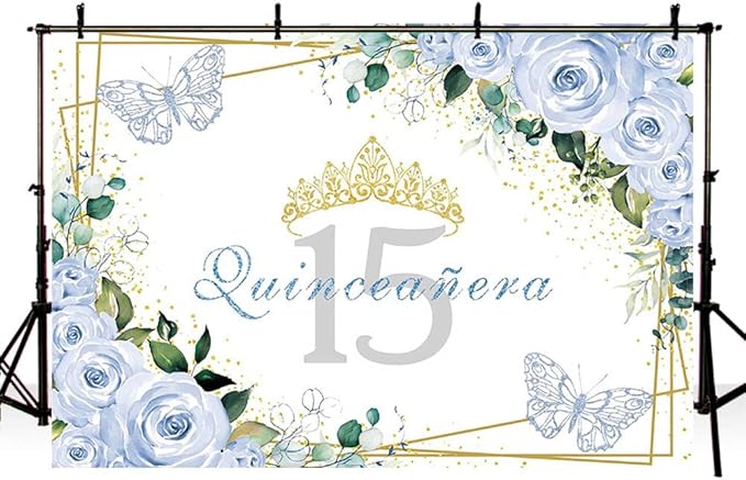 SENDY 8x6ft Quinceañera Backdrop Mis Quince 15 Anos Birthday Party Decoration Supplies for Girl Princess Blue Floral Butterfly Golden Crown Photography Background Banner Photo Booth Studio Props