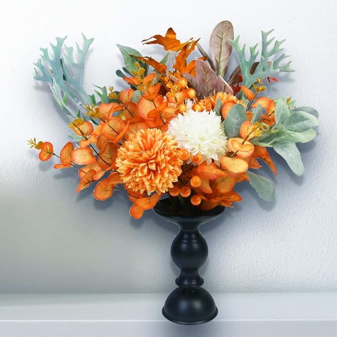 Tinsow 12 Pcs Artificial Chrysanthemum Flowers Orange Faux Ball Flowers Autumn Mums Florals Wedding Bouquet for Fall Farmhouse Home Kitchen Decoration (12, Orange)