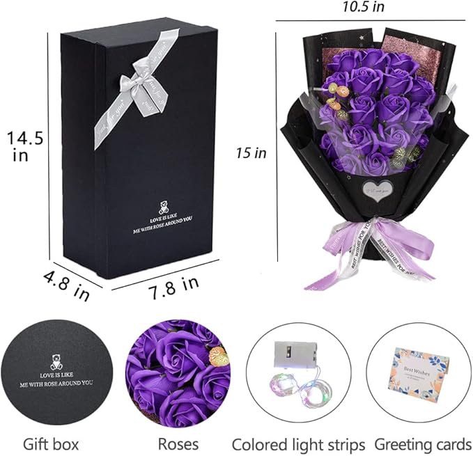 EIGHTOWN Roses Bouquet Artificial Flower - Preserved Purple Rose Flowers with Love Necklace for Her - Unique Gifts Valentine's Day, Mother's Day, Thanksgiving, Birthday, Anniversary
