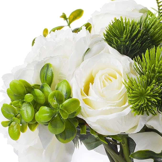 ENOVA FLORAL Artificial Rose Flowers in Vase, Mixed White Rose and Silk Peonies in Vase with Faux Water for Dining Table Centerpieces, Home Decor Indoor (FL-20-Cream)
