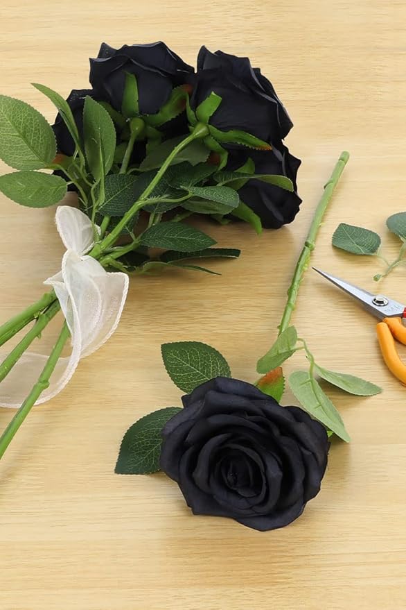 Artificial Rose Flower Black Flowers Black Roses Silk Flowers 12 pcs with Long Stem Silk Roses Bouquet for Wedding Bridal Shower Party Home Decoration