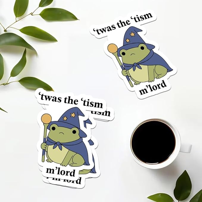 HANDICHI Design 5-Pack 6 Inch Cute Wizard Frog Stickers – ’TWAS The ’Tism M’Lord Meme Vinyl Decals – Funny Neurodivergent Sticker Pack for Laptops, Water Bottles, Journals and Scrapbooks