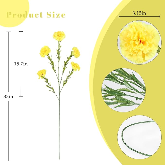 IPOPU Yellow Carnations Artificial Flowers 6PCS Faux Carnations Silk Flowers 33in Long Flowers for Tall Vases for Wedding Home Table Centerpieces Floral Arrangement(Yellow)