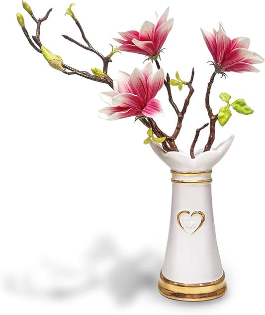 LoveLin Artificial Flowers Pink with Ceramic Vase - Ready-to-Display Home Decor Indoor for Living Room, Dining Table, Office, Wedding & Housewarming, Magnolia Flower & White Vase