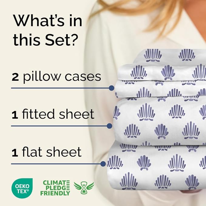 Coastal Bed Sheets - 1 Flat & 1 Fitted Sheet & 2 Pillowcases w/ Deep Pockets - Wrinkle & Fade Free Beach Themed Bed Set - Blue Sea Shell Bedding - Ultra-Soft, Breathable and Cooling - Queen Size
