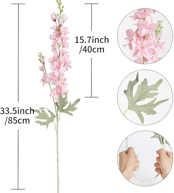 8PCS Pink Delphinium Artificial Flowers 33.5in Long Stem Larkspur Fake Silk Flowers for Tall Vase Faux Flowers for Home Wedding Baby Shower Floral Arrangement Centerpiece Table Decoration (Pink)