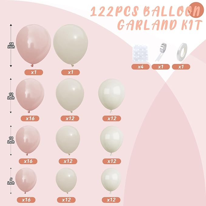 Dusty Pink Balloon Arch Kit, 122Pcs Dusty Pink Ivory Sand White Matte Balloons for Girls Boho Birthday Bridal Wedding Engagement Neutral Baby Shower Anniversary Party Decorations