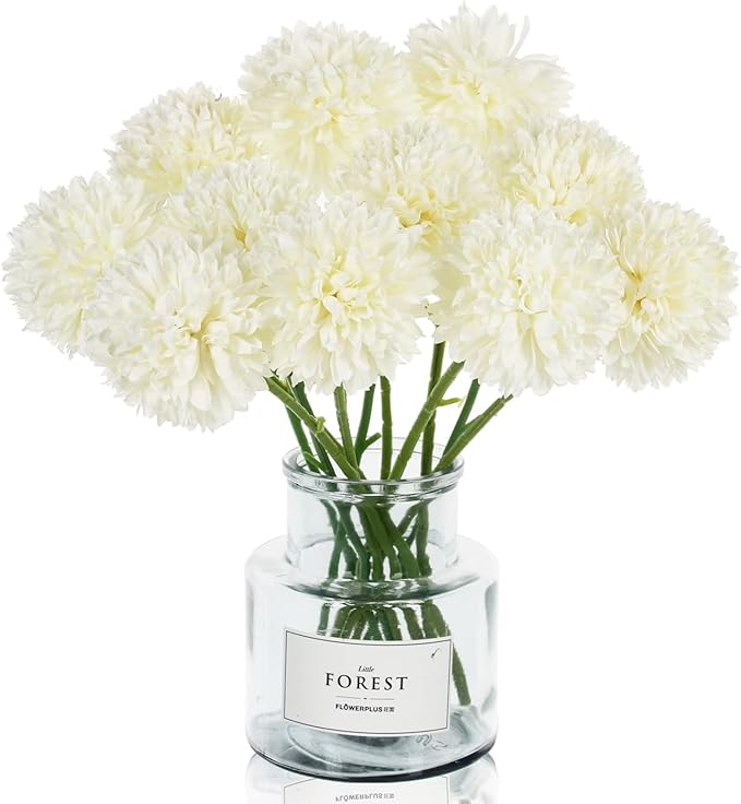 Tinsow 12 Pcs Artificial Flowers Faux Ball Chrysanthemum Bouquet Silk White Flowers Bridal Wedding Bouquet for Home Garden Party Wedding Decoration (White, 12)