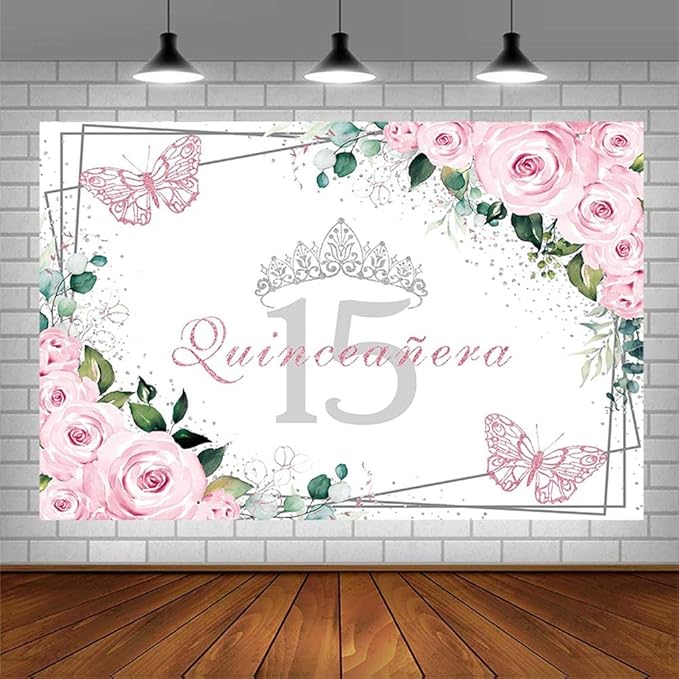 SENDY 8x6ft Quinceañera Backdrop Mis Quince 15 Anos Birthday Party Decorations Supplies for Girl Princess Pink Floral Butterfly Silver Crown Photography Background Banner Photo Booth Studio Props