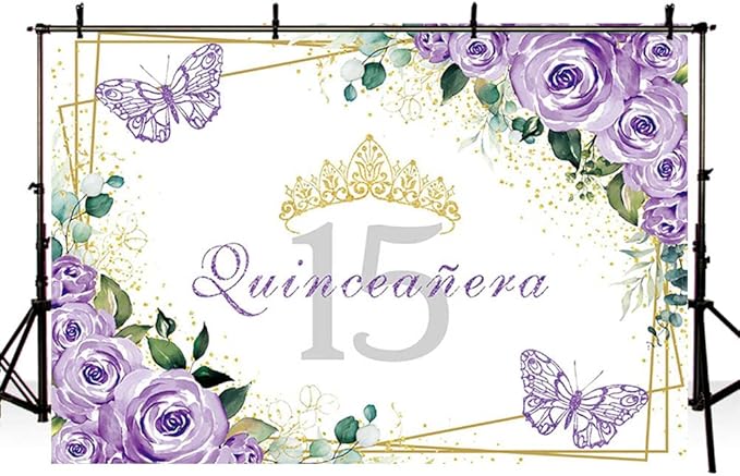 SENDY 10x7ft Quinceañera Backdrop Mis Quince 15 Anos Birthday Party Decoration Supplies for Girl Princess Purple Floral Butterfly Gold Crown Photography Background Banner Photo Booth Studio Prop Vinyl