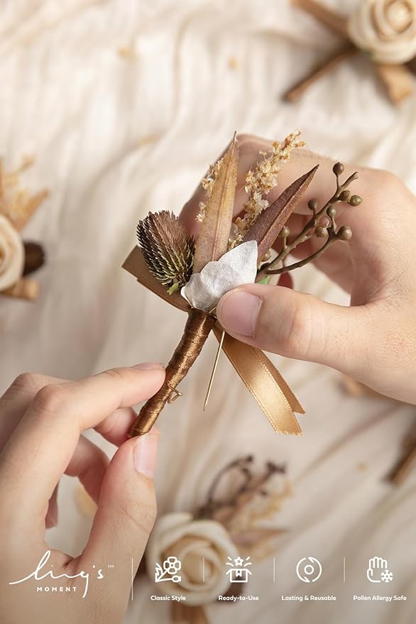 Ling's moment Boutonniere for Men, 6pcs Groom Groomsmen Boutonniere, Artificial Flowers for Wedding Decor/Prom/Homecoming, etc.Brown Beige White