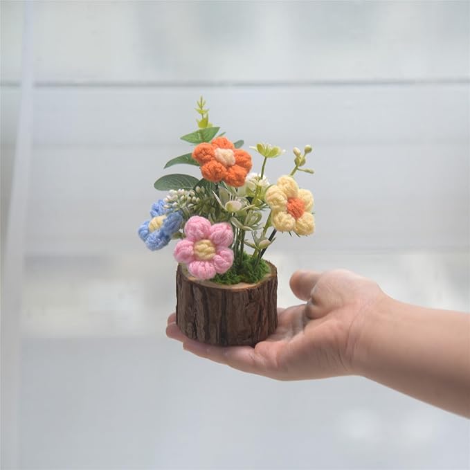 Handmade Crochet Knitted Puff Flowers Bouquet Creative Knitted Potted Plant Mini Cute Home Desktop Decorations and Gifts for Friends, Lovers, Classmates