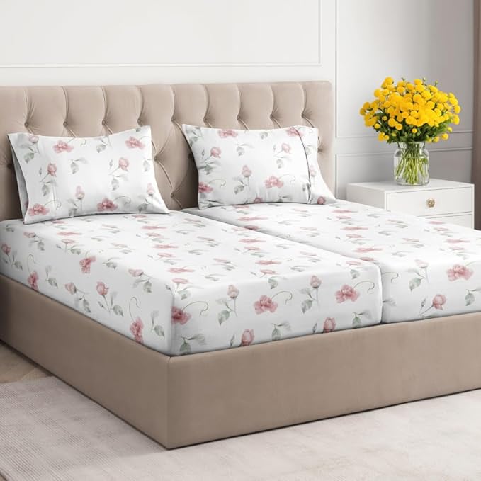 Floral Sheets - Floral Rose Bed Sheet Set - 1 Flat, 2 Fitted & 2 Pillowcases w/ Deep Pockets - Wrinkle & Fade Free - Boho Botanical Bedding - Ultra-Soft, Breathable and Cooling - Split King Size Set