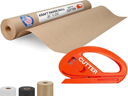 Brown Paper Roll 24" x 1200" (100 feet) with Cutter - USA-Made Wrapping Kraft Paper for Packing, Moving, Shipping & Crafts/Arts - 100% Recyclable Natural Craft Material by IDL Packaging