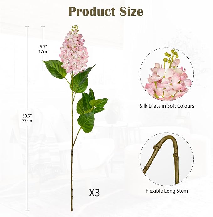 Artificial Lilac Flowers 30" Tall – Set of 3 Silk Lilac Flower Stems for Home Decor, Wedding Centerpieces, Faux Floral Arrangements – Light Pink Artificial Flowers for Vase, Spring & Farmhouse Décor