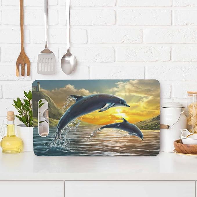 Dolphins Cutting Board with Handles Dolphins Jumping Sea Over A Beautiful Sunset Cutting Boards Plastic Safe Chopping Board for Kitchen 16" x 10" x 0.24"