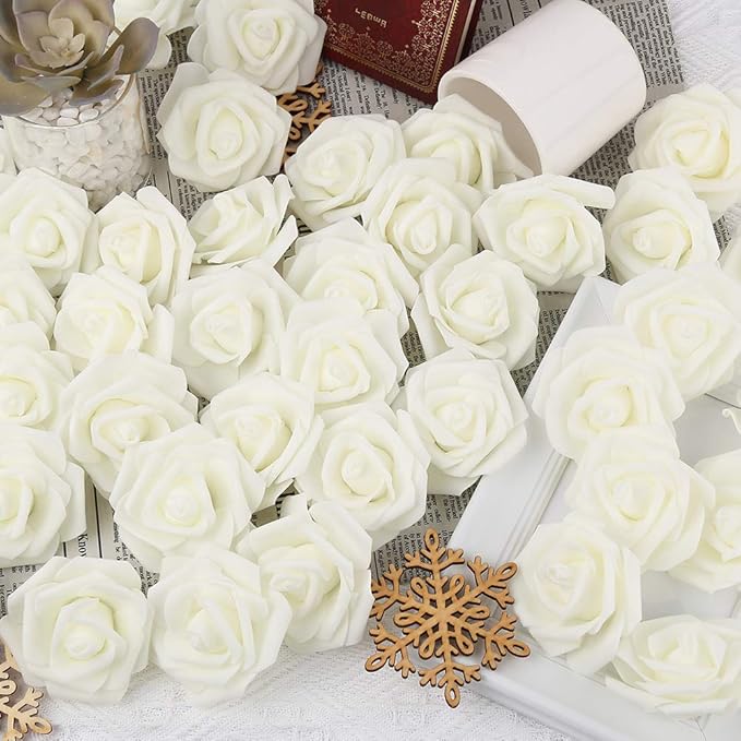 IPOPU Artificial Rose Flower Heads, 100 Pcs Real Looking Ivory White Foam Fake Roses for DIY Wedding Baby Shower Centerpieces Arrangements Party Tables Home Decorations (Ivory, Stemless)