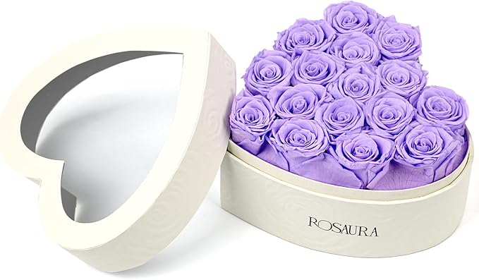 Rosaura Heart-Shaped Preserved Roses Gift Box - Real Forever Flowers for Birthday, Valentine's & Mother's Day (Light Purple, 16 Roses)